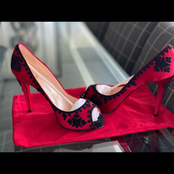 Christian Louboutin Red/Black Satin Heels - Picture 11 of 13